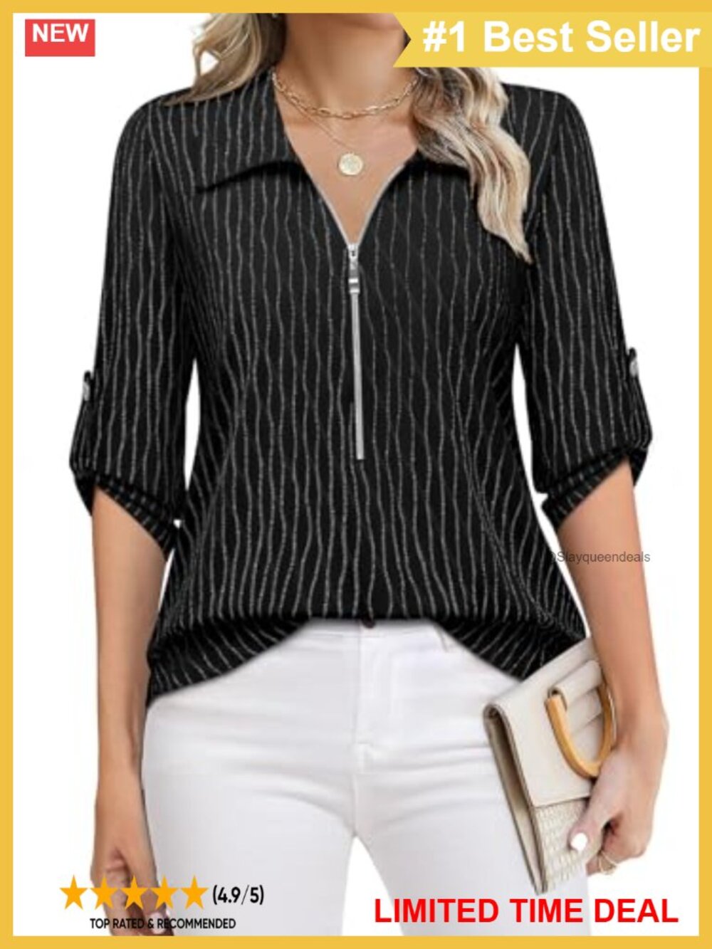 Womens 3/4 Sleeve V-Neck Tunic Blouse Roll Tab Sleeves Work Top